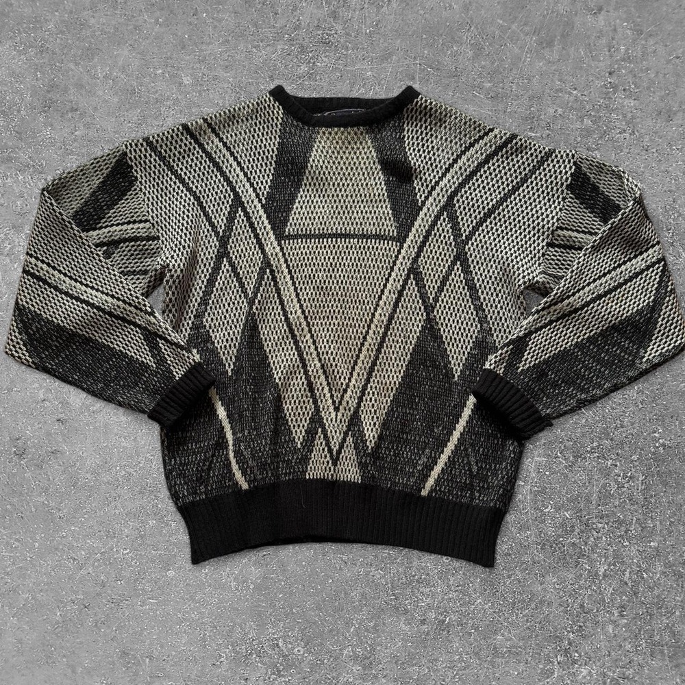 Barnaby Mens XL Geometric Acrylic Knit Sweater Black Gray Beige Crew Neck